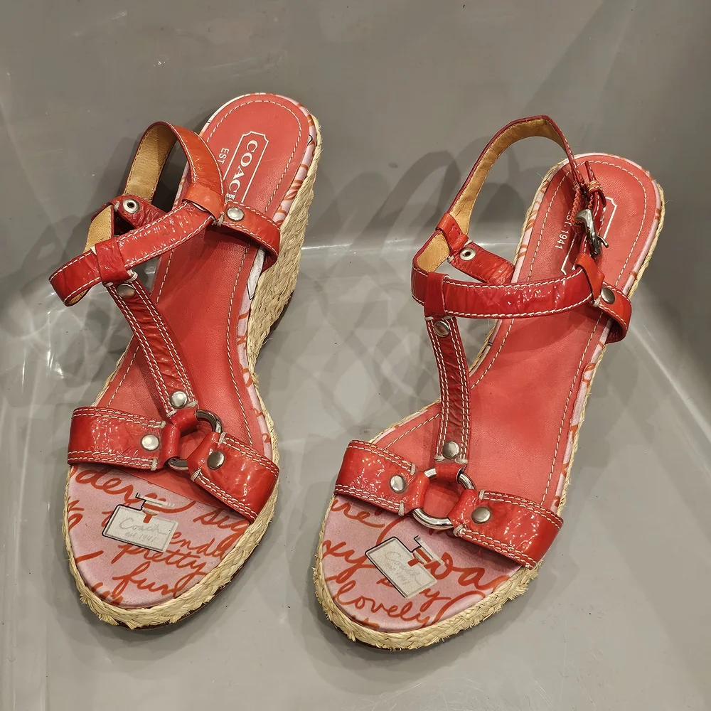 COACH Red Wedge Espadrille Sandals